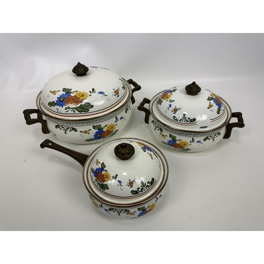 Enamel‎ Cookware Enamelware Floral Lidded Pot  Brass Handles 6 pc. Set Vintage